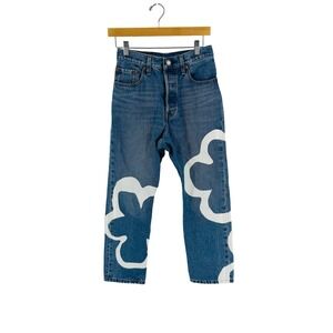 Levi's 501 Original Jeans Blue 28 Custom Graphic Floral White Print Straight Leg